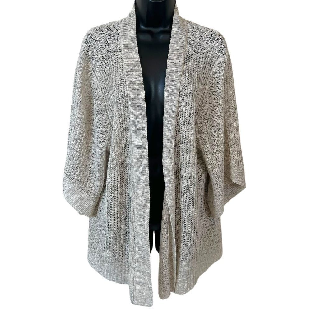 Eileen Fisher Woman Beige Linen Cotton Open Knit Topper Cardigan